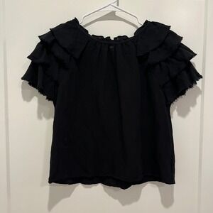 Mo:vint New York Black Ruffle Tiered Sleeve Blouse Top Medium 356-00637